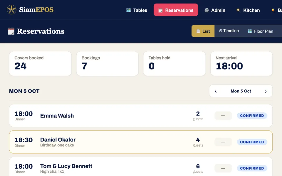 Tonight's bookings list (demo restaurant)