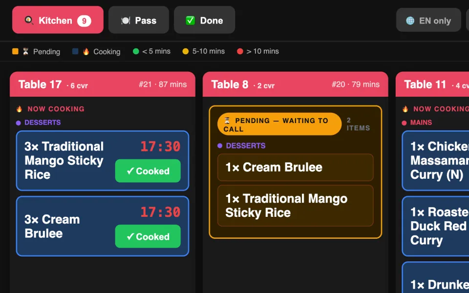 Kitchen screen with tickets by table (demo restaurant)