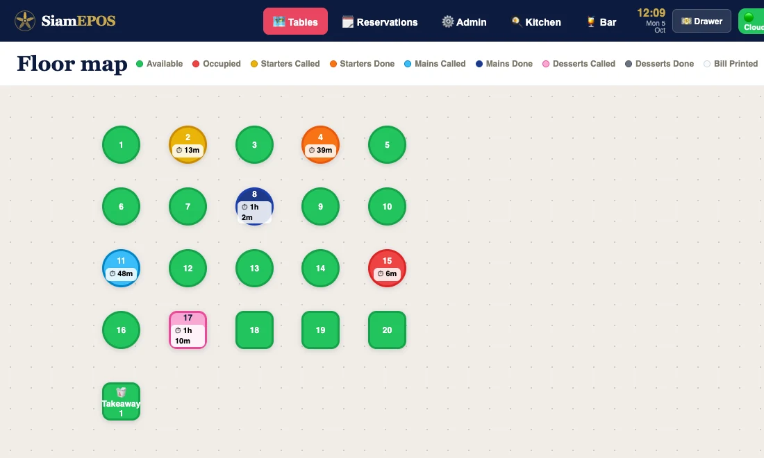 SiamEPOS till: the floor plan, every table coloured by course with its timer (demo restaurant)
